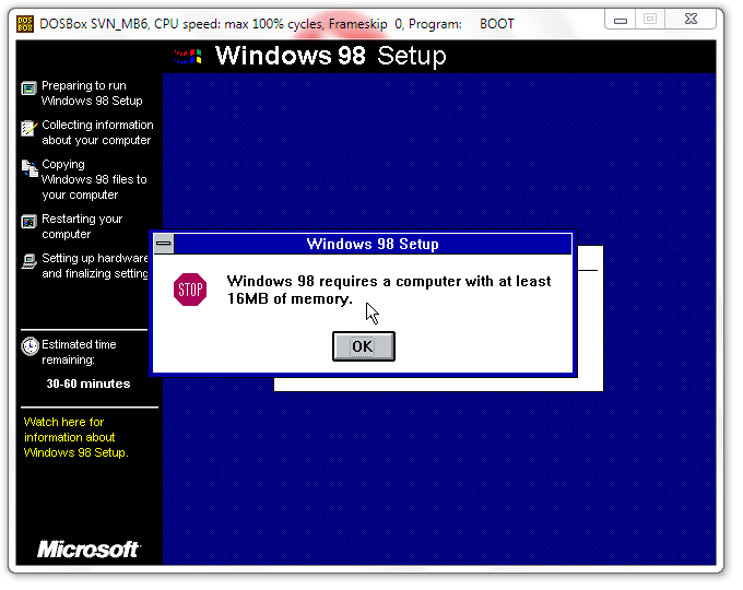 how to install windows 98 on dosbox commands windows